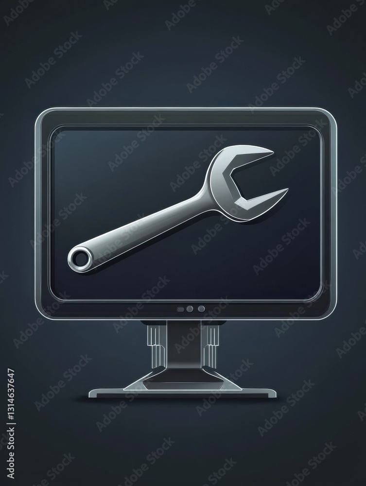 Poster monitor icon with wrench and nut overlay symbolizes computer repair and service needs, featuring spa