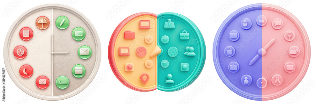 Poster a clock displaying half work icons and half showing time, ideal for productivity themes.