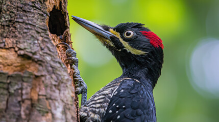 Fototapeta premium Woodpecker drilling tree forest ecosystem wildlife photography natural habitat close-up avian behavior