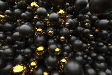 Abstract composition with black and gold spheres, dynamic texture, modern design concept. 3d render.