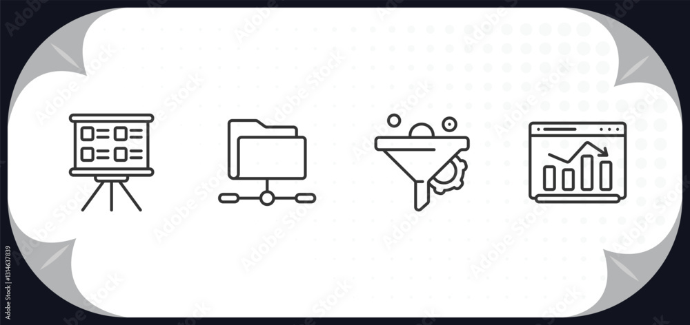 Poster outline icons set - search engine optimization concept. whiteboard, shared folder, funnel, graphic.