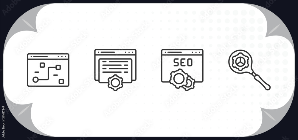 Poster outline icons set - search engine optimization concept. tactical, content, seo and web, search engin