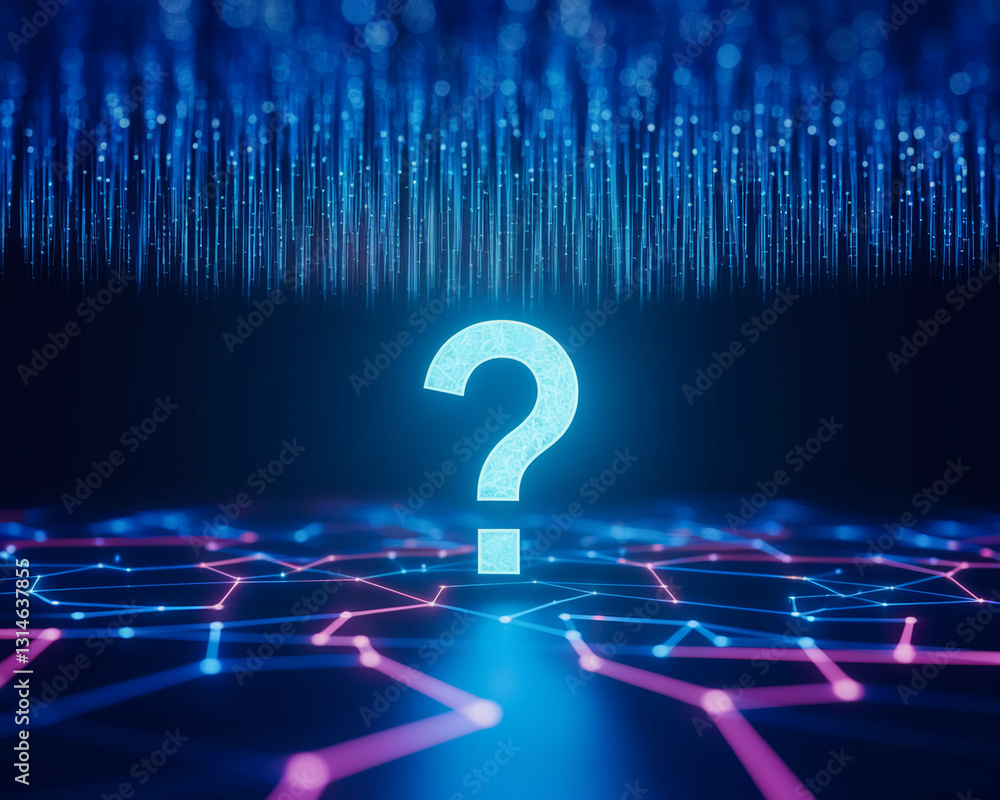 Poster Glowing cyan large question mark on a network background with blue and pink lines, symbolizing digital inquiry, problem-solving, or data search, ideal for tech or abstract concepts