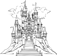 Fototapeta premium gothic house, city, town, vector, building, illustration, cartoon, street, architecture, castle, old, home, urban, design, art, sketch, drawing, travel, vintage, tree, europe, seamless, village, roof,