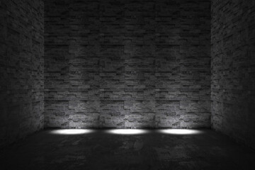 Dramatic dark stone wall background with light highlights for design projects. 3d render.