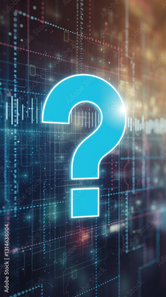 Poster Blue large question mark on a digital, technological background, symbolizing inquiry, uncertainty, or problem-solving in a technological context