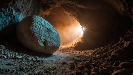 Christian Easter theme. Resurrection of Jesus Christ. Jesus' empty tomb illuminated by light.