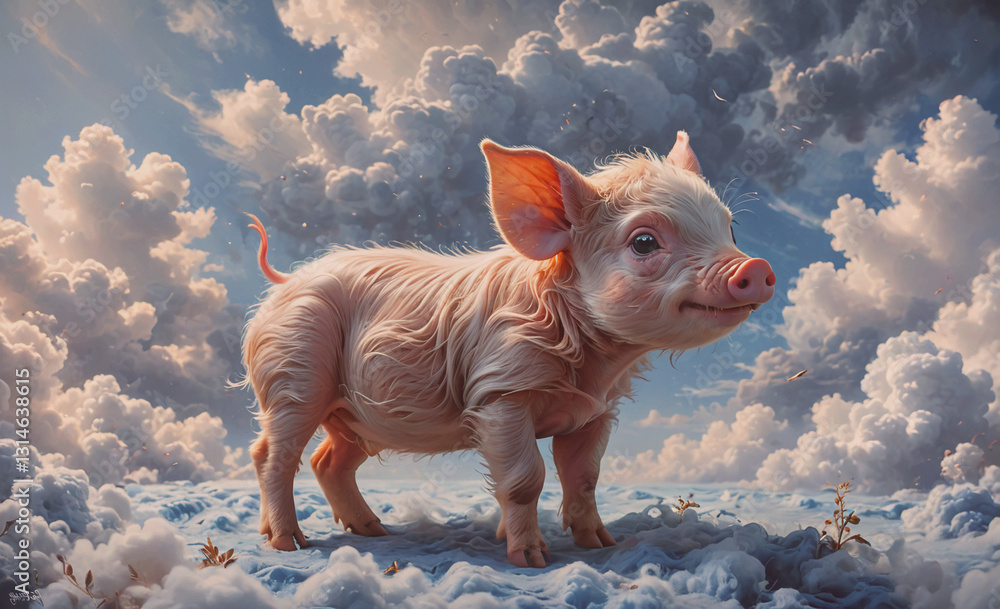Poster Pig is standing on a snowy field with clouds in the background. The pig is looking up at the sky, and the clouds are dark and ominous. Scene is one of mystery and foreboding