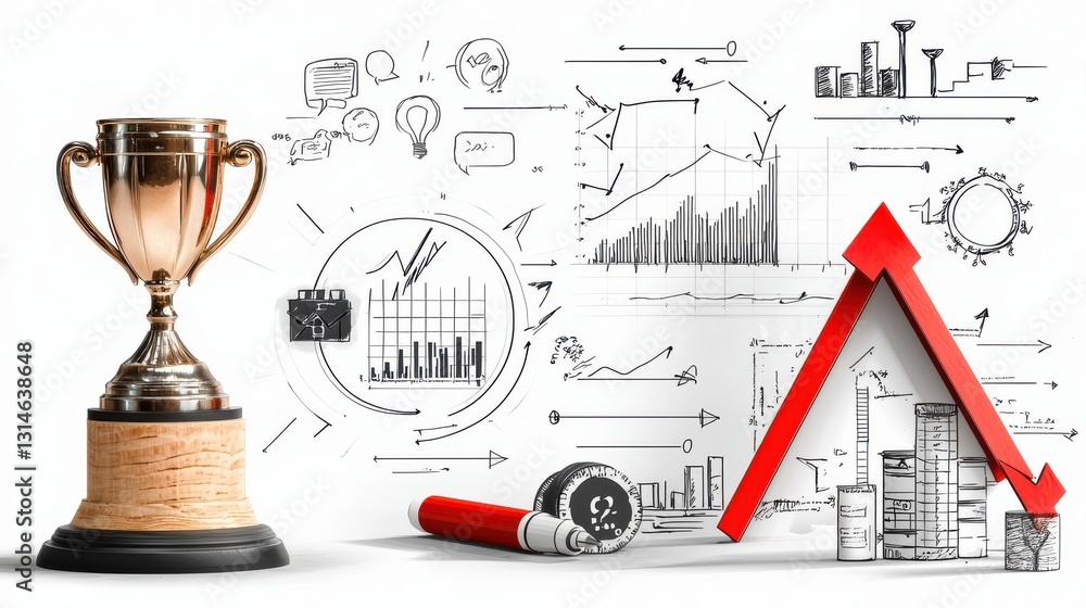 Poster trophy and business growth chart with data analytics financial planning and strategy development con
