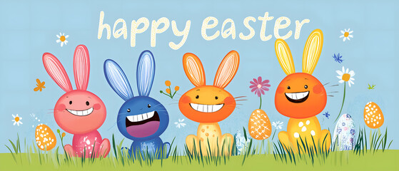 funny, happy easter friends: 4 cartoon characters, easter bunnies with easter eggs isolated over bright blue background 