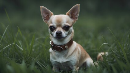 Chihuahua with a collar resting in the green grass.