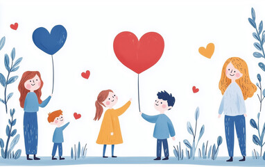 A charming hand-drawn illustration of a happy family with heart-shaped balloons, symbolizing love, bonding, and togetherness in a warm atmosphere.
