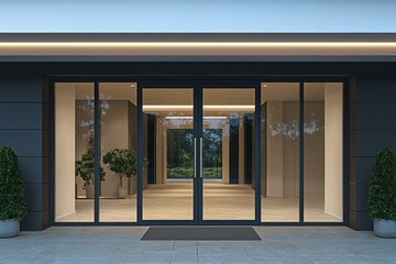 Modern entrance with a flush door and glass features, framed cleanly.