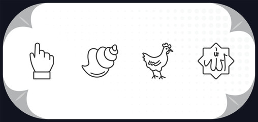 outline icons set - religion concept. one god, conch shell, chicken, allah word.