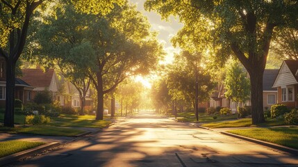Fototapeta premium A serene neighborhood street illuminated by soft sunlight filtering through lush trees, creating a peaceful morning atmosphere.