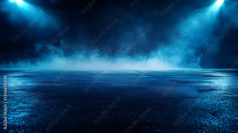 Poster dark blue illuminated empty stage with fog and sparkling floor spotlights and smoky atmosphere drama