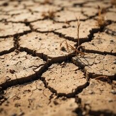 Fototapeta premium Dry cracked earth shows the effects of drought and lack of water. The parched ground illustrates environmental issues.