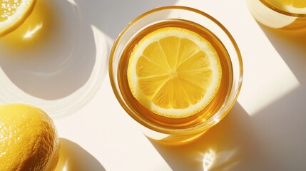 High-angle shot of a refreshing glass of iced tea with fresh lemon slices, top-down perspective on white