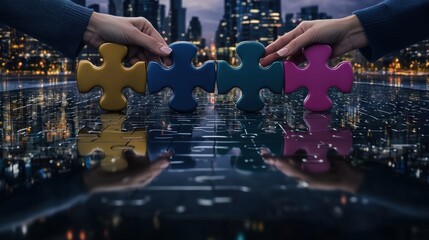 Obraz premium Hands joining colorful puzzle pieces reflecting the city skyline at dusk symbolizing to find solutions and achieve success