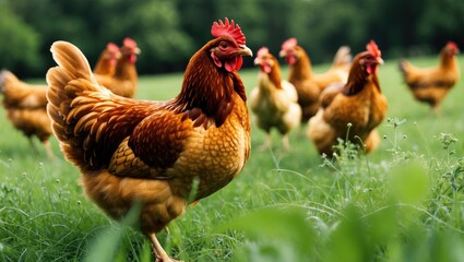 Hen or chicken on a lush green meadow. Selective focus. Several hens blurred in the background.