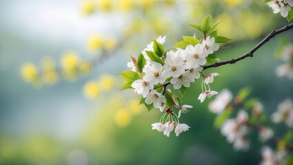 Obraz premium Cherry blossoms with a blurred nature backdrop, showcasing Spring flowers and a Spring Background with bokeh.