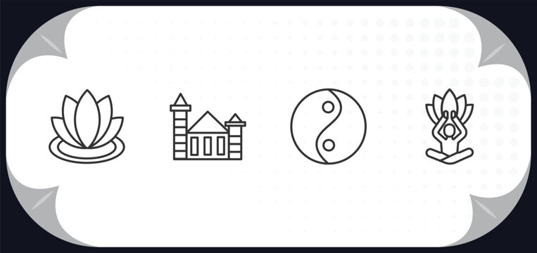 outline icons set - religion concept. zen, wat maha that, yin yang, spiritual.