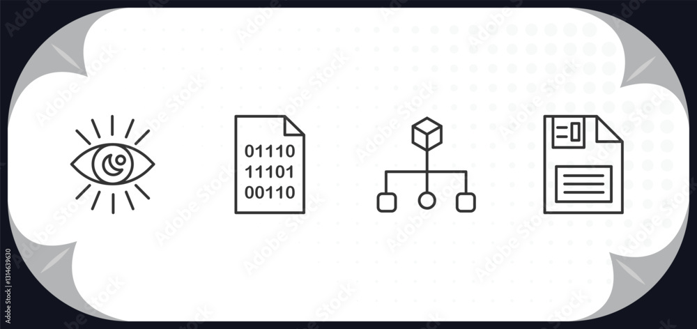 Poster outline icons set - seo concept. visibility, binary code, aorithm, floppy disk.