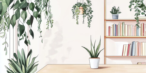 Minimalist Digital Illustration of a Bookshelf with Hanging Green Plants – Watercolor-Inspired Home Interior Decor