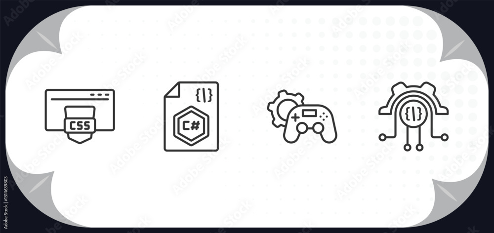Poster outline icons set - programming concept. css, c sharp, game development, engineering.