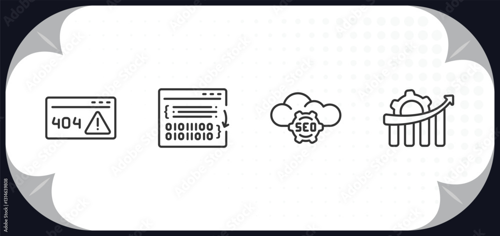 Poster outline icons set - programming concept. error 404, compiler, seo cloud, seo growth.