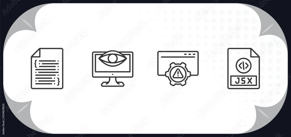 Poster outline icons set - programming concept. software, seo monitoring, error, jsx.