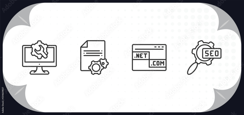 Poster outline icons set - programming concept. web optimization, article, web domain, seo configuration.