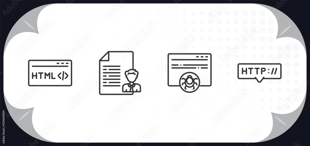 Poster outline icons set - programming concept. html, seo report, bug report, http.