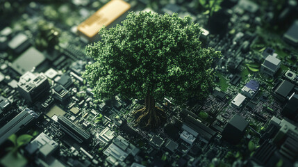 Obraz premium recycle electronics and conservation are enhanced through digital technology with futuristic data networks and cyber connections.