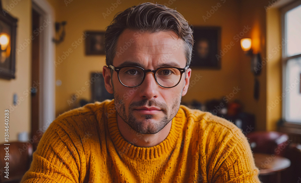 Poster man wearing glasses and a yellow sweater is sitting in a room with a yellow wall. he is looking dire