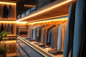 Fototapeta premium Luxury Walk-in Closet with Warm LED Lighting and Organized Clothing