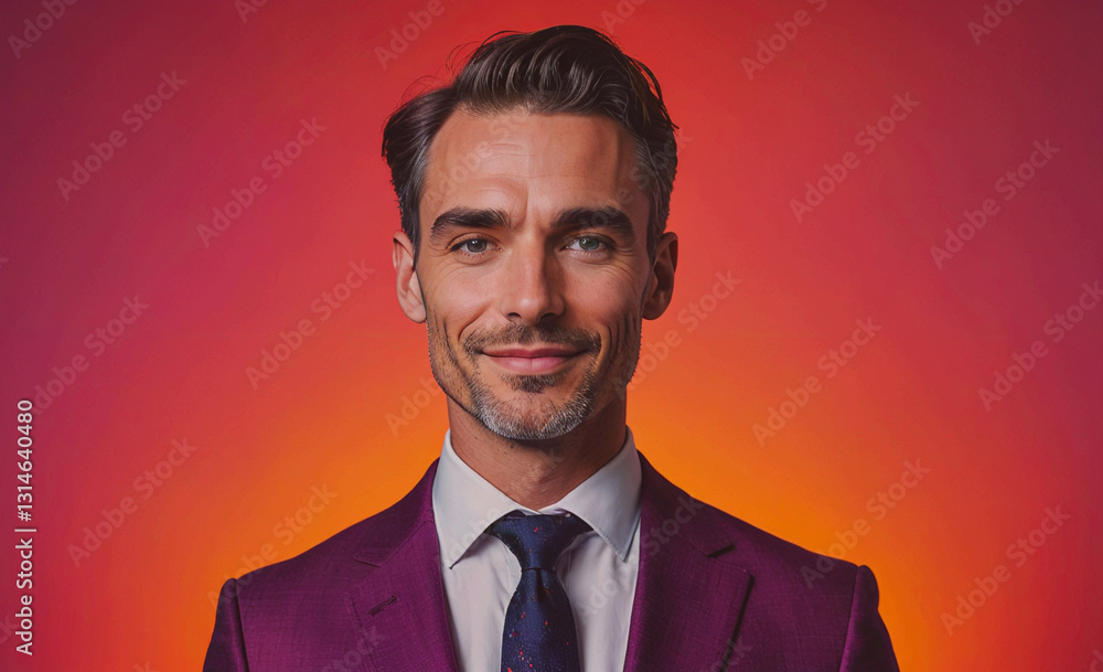 Poster man in a suit and tie is smiling at the camera. the image has a warm, inviting mood