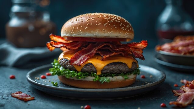 Cheeseburger featuring bacon on a plate