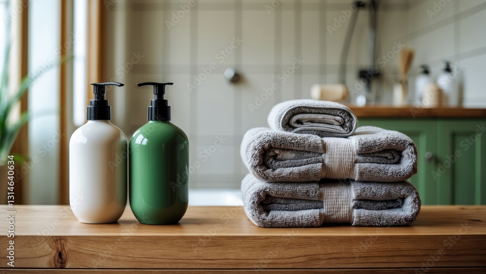 Aufkleber ceramic shampoo, soap bottles, and towels arranged on a counter in a bathroom setting. tabletop and 