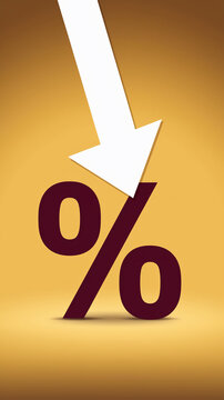 White arrow pointing down on maroon percentage symbol against gold background, showcasing concept of price reduction or decrease in value, suitable for sale banners or financial presentations