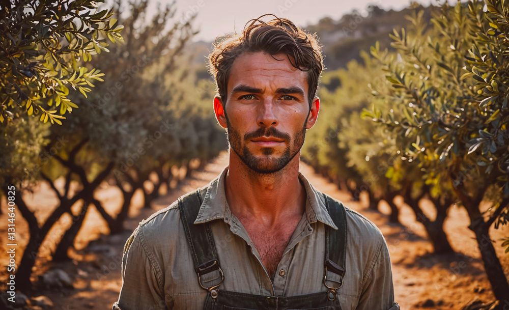 Poster man is standing in a field of olive trees. he is wearing a green shirt and a pair of overalls