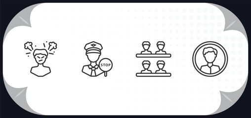 outline icons set - people concept. man angry, traffic police, classes, masculine avatar.
