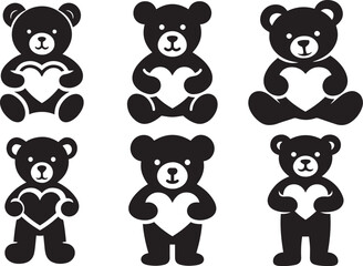 A Teddy Bear Holding a Heart Silhouette Vector Illustration Set