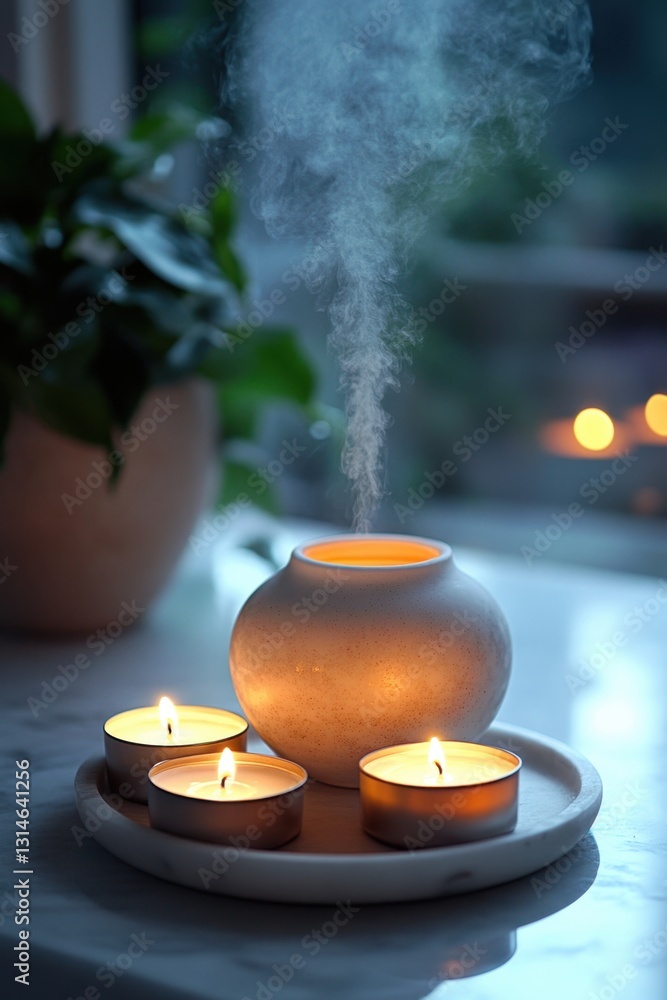 Poster serene aromatherapy diffuser releasing mist near glowing candles creating a calming and peaceful amb