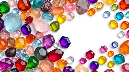 Fototapeta premium Colorful of different gemstones with space for text on white background.