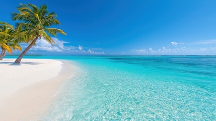 Fototapeta premium Serene beach with crystal-clear turquoise waters and palm trees
