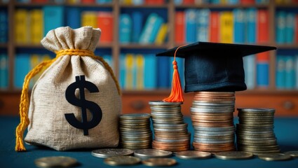 Tuition payment or expense for graduate study theme illustrated by a black graduation cap on coin stacks, representing fees charged by educational institutions for instruction or services.