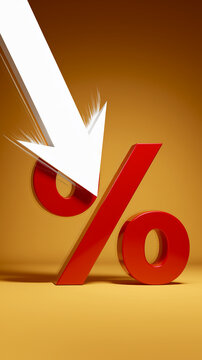 Red percent symbol on yellow background, struck by white arrow, showcasing discount, sale, or reduction concept