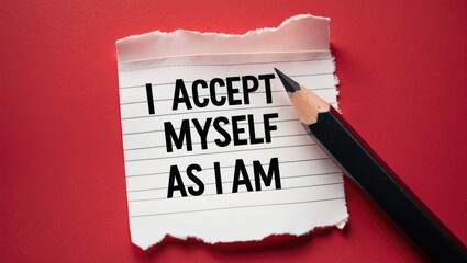 Note on a red background featuring the affirmation message I ACCEPT MYSELF AS I AM, representing concepts of repeated phrases aimed at encouraging self-worth and enhancing self-esteem, love, and un...