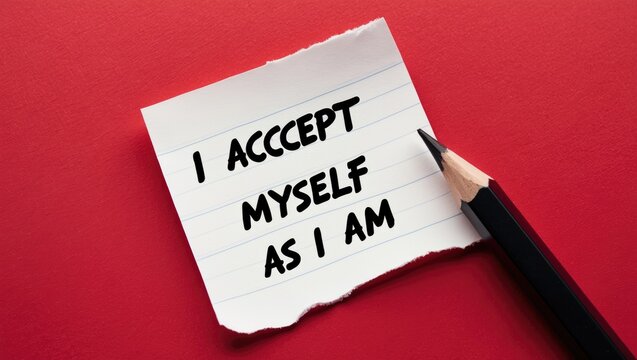 Note on a red background featuring the affirmation message I ACCEPT MYSELF AS I AM, representing phrases and statements repeated to boost self-worth and enhance self-esteem, along with loving and v...